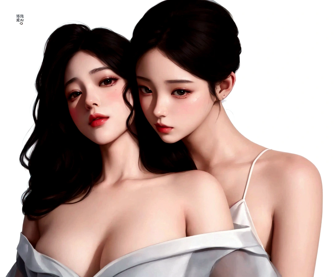 there are two women that are posing for a picture together, artwork in the style of Guvez, In the art form of the pond, digital anime illustration, Guvez, Inspiration from Wang Khu, two women, Realistic art style, Inspired by Sim Sa Jung, glossy digital painting, Realistic art style, Wolop and Sakimi-chan, two women