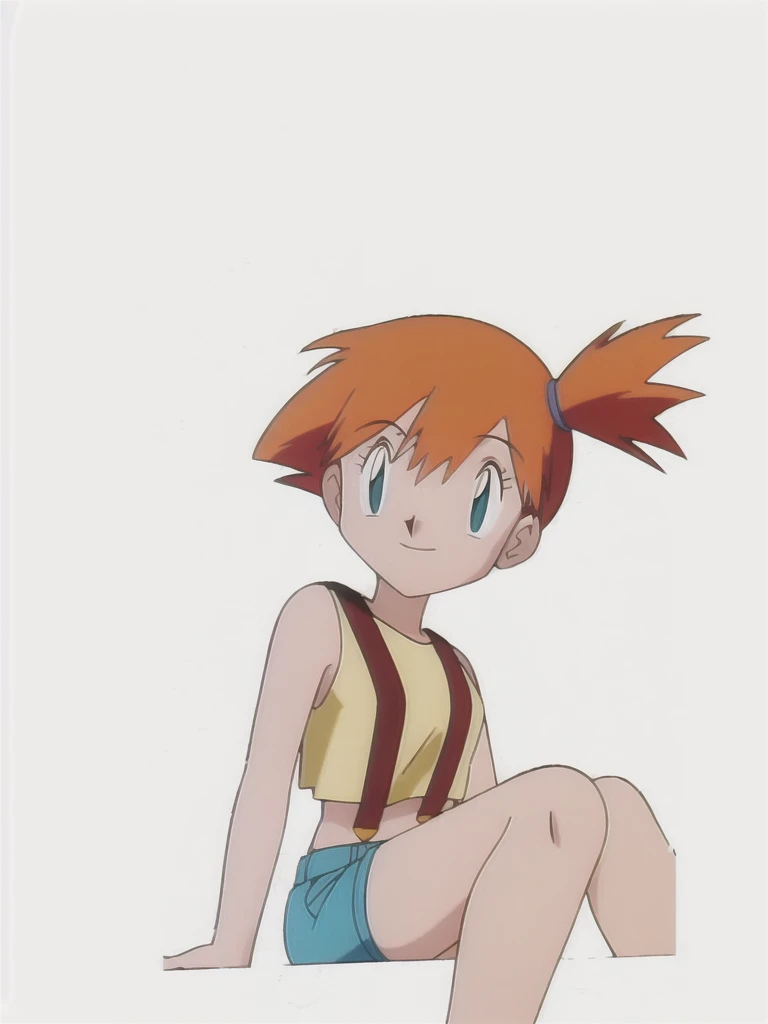 (masterpiece, best quality:1.2),misty (pokemon), 1girl, 独奏, yellow shirt, sleeveless shirt, suspenders, denim shorts, outdoors,smile,looking at viewer,Smooth anime drawings、Do not change the design or details