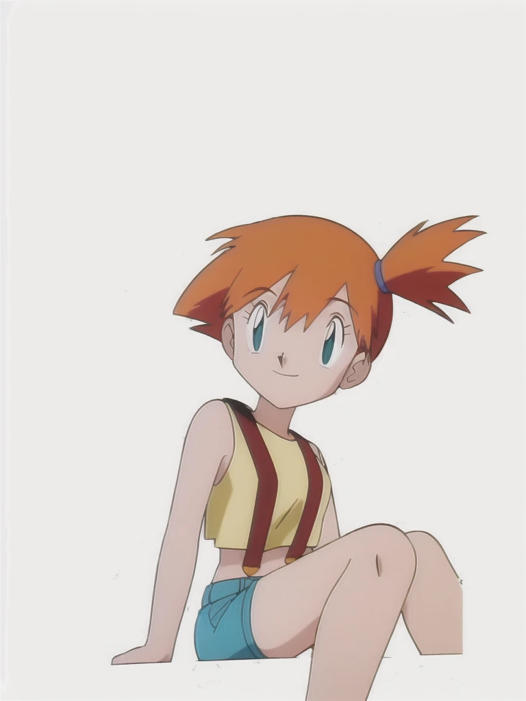 (masterpiece, best quality:1.2),misty (pokemon), 1girl, 独奏, yellow shirt, sleeveless shirt, suspenders, denim shorts, outdoors,smile,looking at viewer,Smooth anime drawings、Do not change the design or details