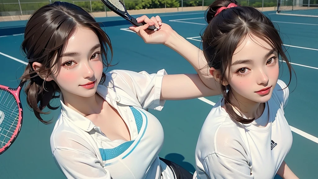 Only one female, (Sporty clothing) (Stylish clothing), Mature Woman, /(Brown Hair/) bangs, A gentle blushing smile, (Masterpiece Top quality:1.2) Delicate illustrations, super detailed, large breasts break (Holding a tennis racket) break (Tennis court) Outdoor
