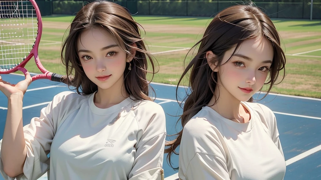 Only one female, (Sporty clothing) (Stylish clothing), Mature Woman, /(Brown Hair/) bangs, A gentle blushing smile, (Masterpiece Top quality:1.2) Delicate illustrations, super detailed, large breasts break (Holding a tennis racket) break (Tennis court) Outdoor