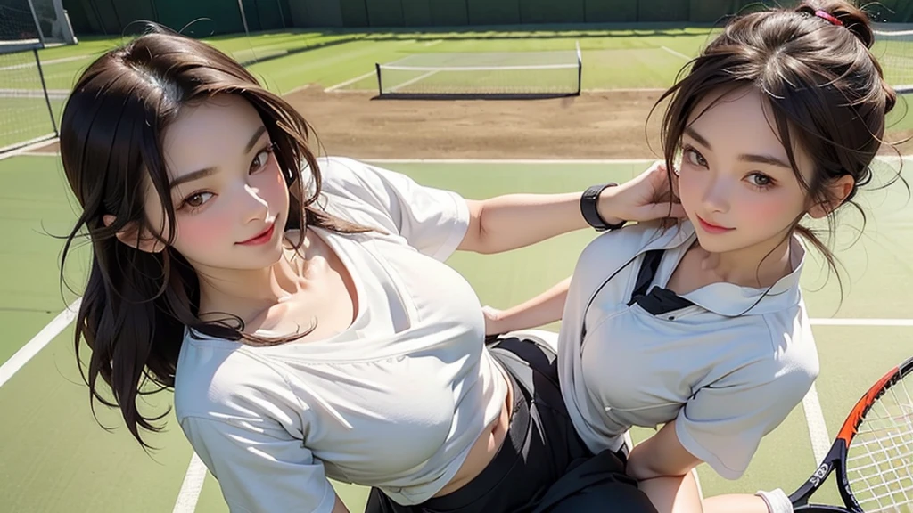 Only one female, (Sporty clothing) (Stylish clothing), Mature Woman, /(Brown Hair/) bangs, A gentle blushing smile, (Masterpiece Top quality:1.2) Delicate illustrations, super detailed, large breasts break (Holding a tennis racket) break (Tennis court) Outdoor