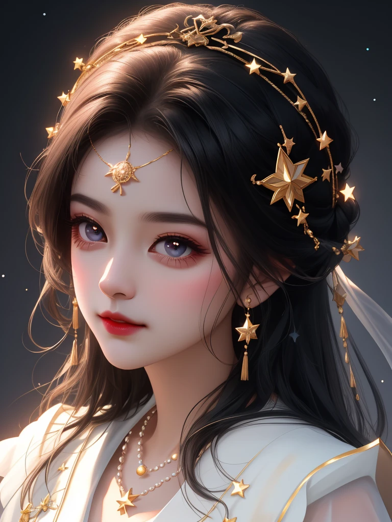 best quality, masterpiece, high resolution, 1 Girl,flirtatious，Black hair，(Charming smile:0.8),Star-shaped pupil,china hanfu,Hair accessories,necklace, Jewelry,Pretty Face,Above_Body, Tyndall effect,Reality, Dark Studio, Rim Light, Two-tone lighting,(High Detail Skin:1.2), 8K uhd, Digital SLR Camera, Soft lighting, high quality, Volumetric Lighting, frank, photo, high resolution, 4K, 8K, Bokeh