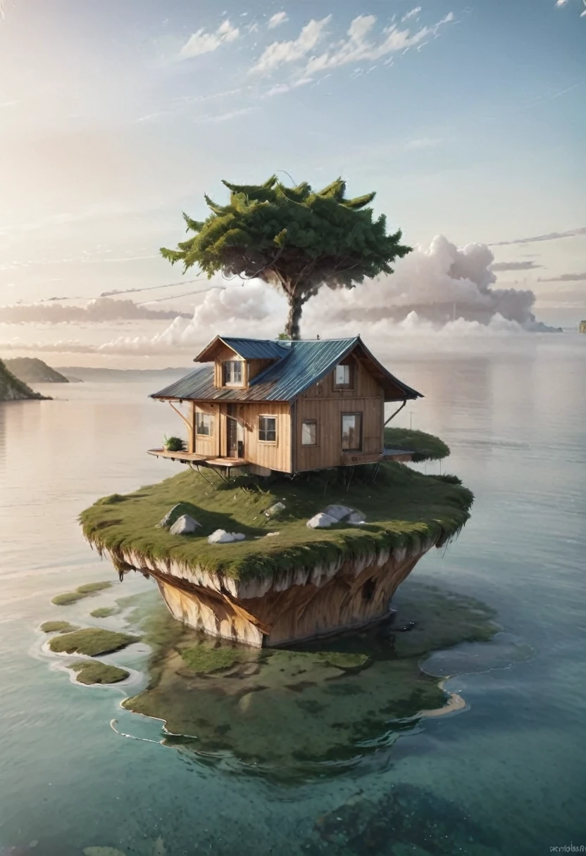 island floating in the air with a wooden house on it.