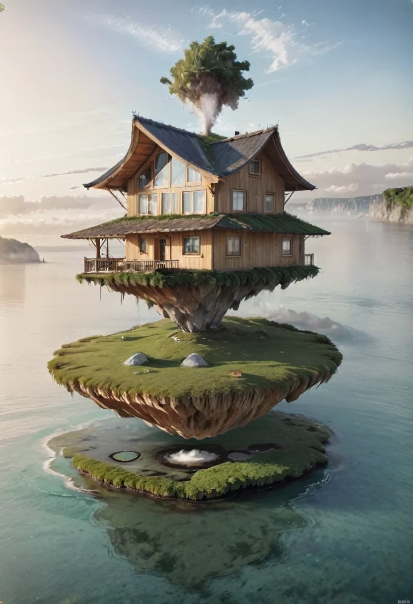 island floating in the air with a wooden house on it.