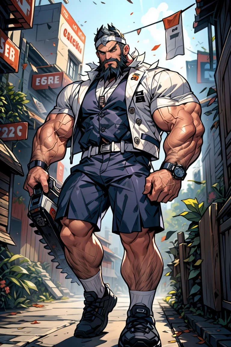 A man in a white tight vest，His tight muscles can be seen from the shape of the vest，Lean forward，Showing off his strong physique，Wear loose shorts，Asian face shape，Clean face，No beard，Chainsaw in hand，Side Light，Run-down neighborhood，Wearing a round metal headgear