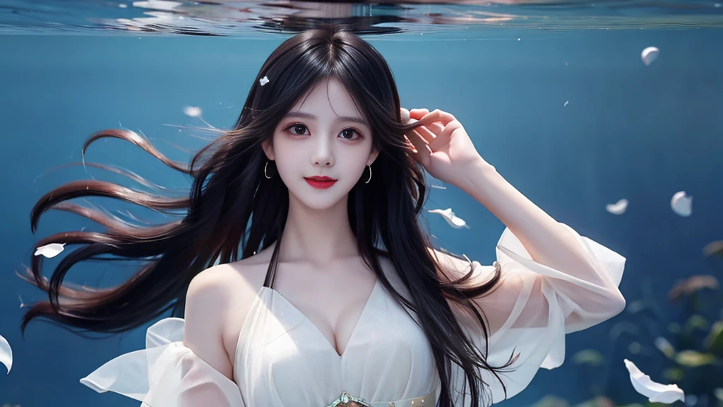 Black hair, long hair, head to knee area, standing underwater, split bangs, modern, surrealism, cinematic lighting, chiaroscuro, masterpiece, textured skin, high resolution, high quality, high detail, beautiful face, pronounced cleavage, translucent clothes, falling petals, smile