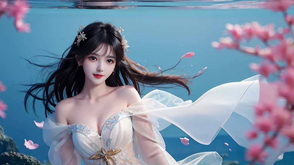 Black hair, long hair, head to knee area, standing underwater, split bangs, modern, surrealism, cinematic lighting, chiaroscuro, masterpiece, textured skin, high resolution, high quality, high detail, beautiful face, pronounced cleavage, translucent clothes, falling petals, smile