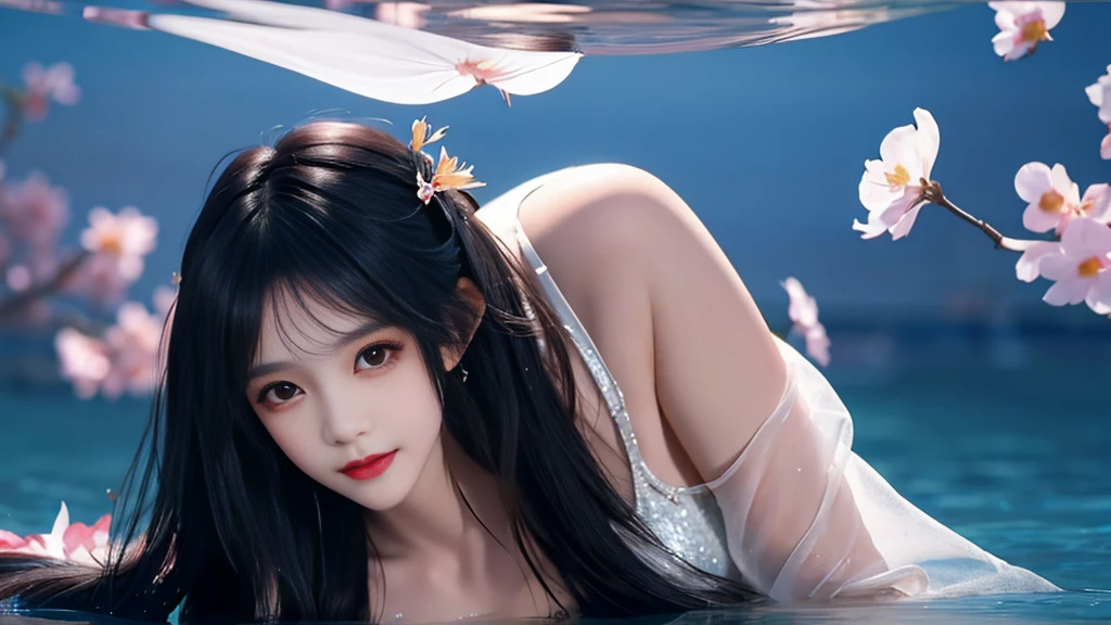 Black hair, long hair, head to knee area, standing underwater, split bangs, modern, surrealism, cinematic lighting, chiaroscuro, masterpiece, textured skin, high resolution, high quality, high detail, beautiful face, pronounced cleavage, translucent clothes, falling petals, smile