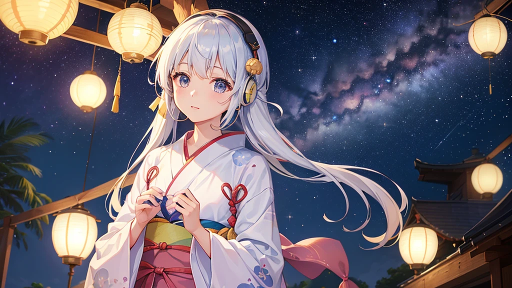 ((Highest quality、High resolution))、(Tanabata)、Gazing at the Milky Way sky、(A woman wearing a yukata)、(20-year-old、cute)、Headphones