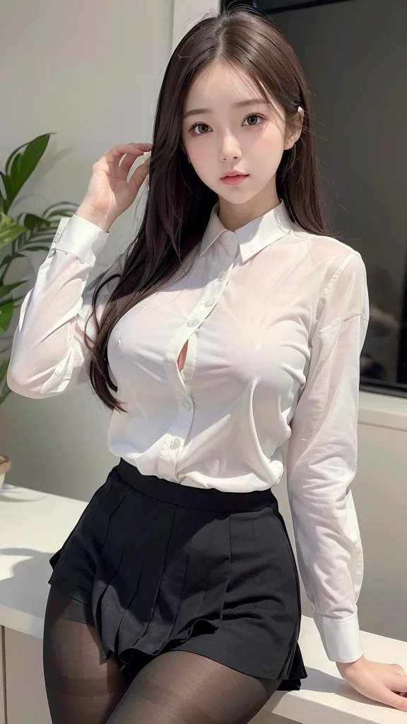 ((Best quality, 8k, Masterpiece :1.1)), Sharp focus :1.2, A Pretty Girl 18 years old with perfect figure :1.4, Slender abs :1.2, ((Layered long hair, Beautiful breasts :1.2)), (White tight shirt :1.3), office wear, mini black tight skirt (Sultry) ((Aroused: 1.5)), night: 1.5, Supper beautiful face, Supper beautiful eyes, ((detailed face)), ((detailed eyes)) ((detailed office uniform)), ((detailed clothing)), ((detailed pantyhose)), revealing cleavage , Rain :1.5, Street:1.3, Highly detailed face and skin texture, Detailed eyes, Double eyelid