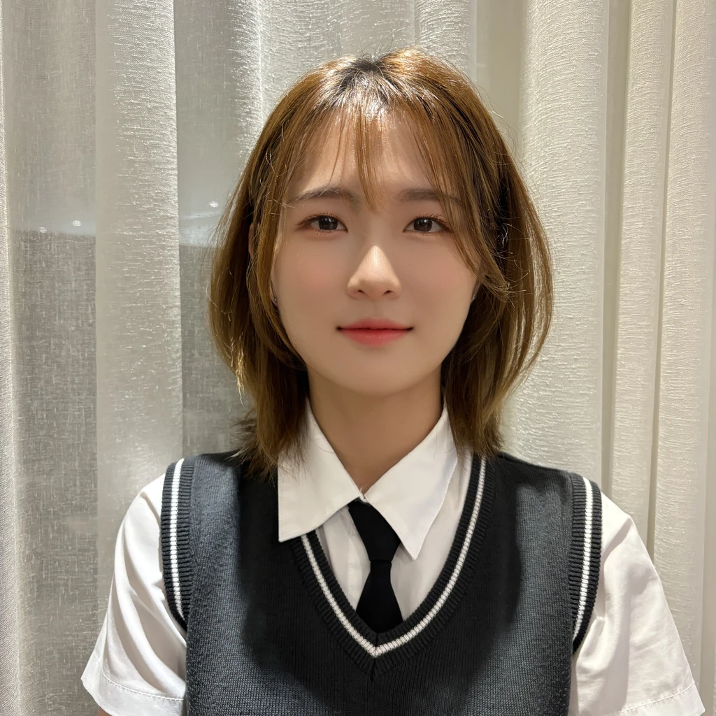 Best Quality, 8k, Masterpiece, (Portrait: 1.3), (photo realistic:1.4), (hyper realistic:1.4), Sharp Focus, looking at viewer, (smoother lighting:1.1), (increase cinematic lighting quality:0.9), realistic lighting, backlighting, light on face, ray trace, (brightening light:1.2), (Increase quality:1.4), sharp detail, (best quality real texture skin:1.4), finely detailed eyes, black_eyes, finely detailed face, 25 year old Korean woman, smiling_face