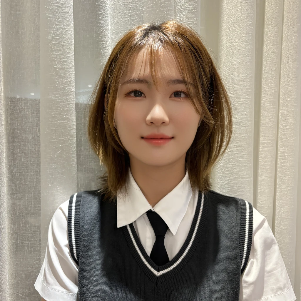 Best Quality, 8k, Masterpiece, (Portrait: 1.3), (photo realistic:1.4), (hyper realistic:1.4), Sharp Focus, looking at viewer, (smoother lighting:1.1), (increase cinematic lighting quality:0.9), realistic lighting, backlighting, light on face, ray trace, (brightening light:1.2), (Increase quality:1.4), sharp detail, (best quality real texture skin:1.4), finely detailed eyes, black_eyes, finely detailed face, 25 year old Korean woman, smiling_face