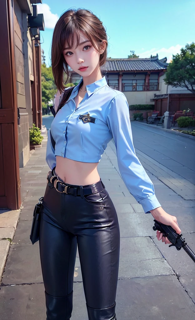 ((Top quality original photos, Realist, Real photos: 1.4, Extremely detailed texture)), （Korean women on the street, Light brown shorthair cat), ((Police badge on chest、tight white pants,Pocketless leggings、Blue shirt with badge、Tight buttocks)), (Preferably a beautiful girl like a model、Sexy female eyes，Double eyelids、proudly、Small face)、(((sexy hip curve、Tightening waist、Small round butt、Thin waist、Low-rise pants、Attractive hip curve、Long and thin legs,,,,,,,、Thin ankles、Sexy Leg Lines)))、((Standing in front of you、control、Intimidating attitude、Serious facial expression、Sharp eyes、Dazzling、Fighting Stance、Get a gun))、(Leather Boots、There are a lot of equipment on the belt、Horse harness、Facility Details)、((Fighting Stance、fully armed、Draw the details of the pistol、Get a gun、Shootout、The background is the secret base of the passage))