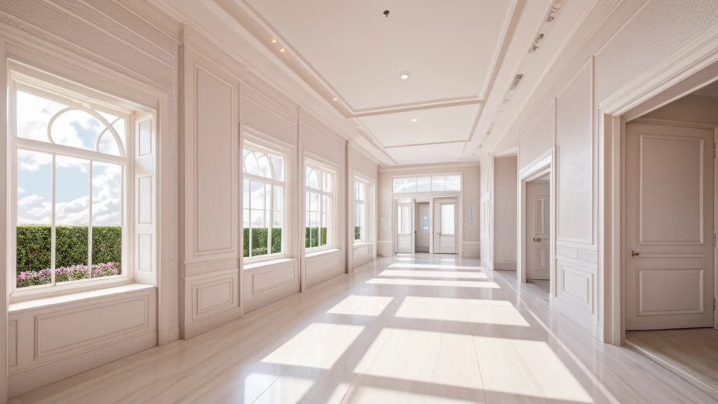 Realistic luxurious beauty clinic amidst dreamy pastel clouds, modern facade, white walls, large windows, white path leading to entrance, real soft-lit clouds in, highly detailed textures, photorealistic lighting, immersive magical atmosphere, grand backdrop