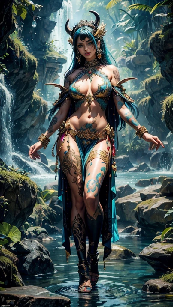 imagine a uhd/hd, highly detailed, full body photorealistic image of a stunningly beautiful succubus. She is levitating on top of a glowing stone.stone is floating in a lake full with Lotus, goldfishes and turquoise_blue_water. Her face is drawn extremely detailed with all her facial features symmetrical. Her eyes and pouting lips are intricately drawn full of seduction. She has intricately carved horn and a long tail, both decorated with golden embroidery. She has colourful glowing tattoos on her belly. She has a deep sexy navel.Her skin is drawn ultra realistic with lot of detail and water drops visible on skin. Her hair is very long and shiny, adorned with intricate jewellery. Her beautiful feets are decorated with intricate colourful tattoos. She is wearing a Stiletto.