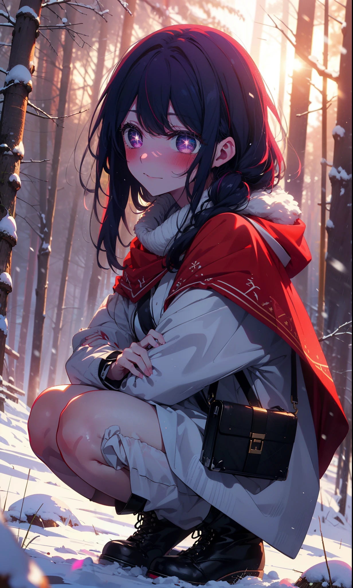 aihoshino, Ai Hoshino, Long Hair, bangs, (Purple eyes:1.1), Purple Hair, (Symbol-shaped pupil:1.5), smile,,smile,blush,White Breath,
Open your mouth,snow,Ground bonfire, Outdoor, boots, snowing, From the side, wood, suitcase, Cape, Blurred, , forest, White handbag, nature,  Squat, Mouth closed, Cape, winter, Written boundary depth, Black shoes, red Cape break looking at viewer, Upper Body, whole body, break Outdoor, forest, nature, break (masterpiece:1.2), Highest quality, High resolution, unity 8k wallpaper, (shape:0.8), (Beautiful and beautiful eyes:1.6), Highly detailed face, Perfect lighting, Highly detailed CG, (Perfect hands, Perfect Anatomy),
