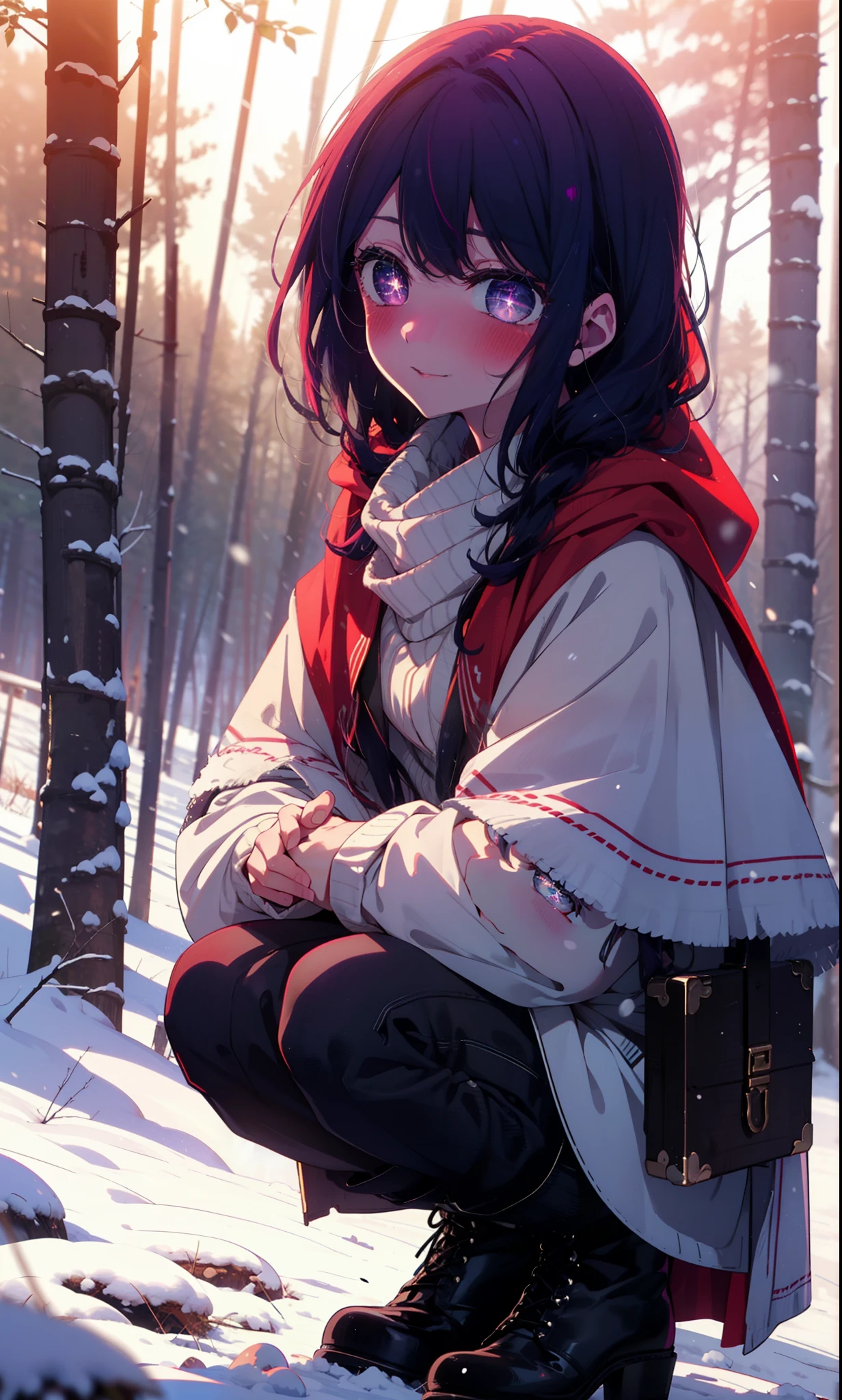 aihoshino, Ai Hoshino, Long Hair, bangs, (Purple eyes:1.1), Purple Hair, (Symbol-shaped pupil:1.5), smile,,smile,blush,White Breath,
Open your mouth,snow,Ground bonfire, Outdoor, boots, snowing, From the side, wood, suitcase, Cape, Blurred, , forest, White handbag, nature,  Squat, Mouth closed, Cape, winter, Written boundary depth, Black shoes, red Cape break looking at viewer, Upper Body, whole body, break Outdoor, forest, nature, break (masterpiece:1.2), Highest quality, High resolution, unity 8k wallpaper, (shape:0.8), (Beautiful and beautiful eyes:1.6), Highly detailed face, Perfect lighting, Highly detailed CG, (Perfect hands, Perfect Anatomy),