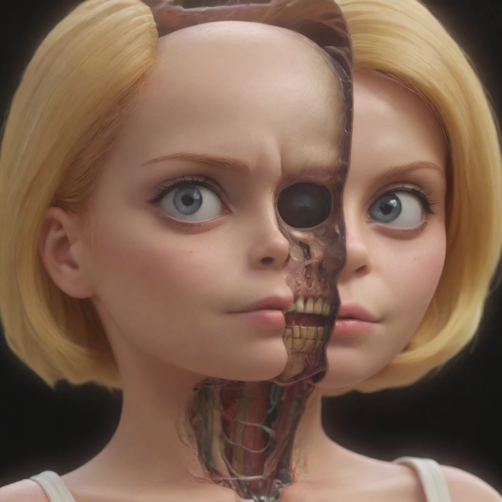 close-up, looking at viewer split head and body of a Lisa Simpson, inside a skeleton, subsurface tering, ultra hd, 4k, high def, Photorealistic, Hyperrealistic, Hyper detailed, analtyle, realistic, masterpiece, best quality, ultra realistic, 8k, Intricate, High Detail, film photography, soft lighting, heavy shadow