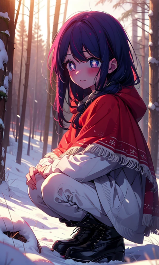aihoshino, Ai Hoshino, Long Hair, bangs, (Purple eyes:1.1), Purple Hair, (Symbol-shaped pupil:1.5), smile,,smile,blush,White Breath,
Open your mouth,snow,Ground bonfire, Outdoor, boots, snowing, From the side, wood, suitcase, Cape, Blurred, , forest, White handbag, nature, Squat, Mouth closed, Cape, winter, Written boundary depth, Black shoes, red Cape break looking at viewer, Upper Body, whole body, break Outdoor, forest, nature, break (masterpiece:1.2), Highest quality, High resolution, unity 8k wallpaper, (shape:0.8), (Beautiful and beautiful eyes:1.6), Highly detailed face, Perfect lighting, Highly detailed CG, (Perfect hands, Perfect Anatomy),