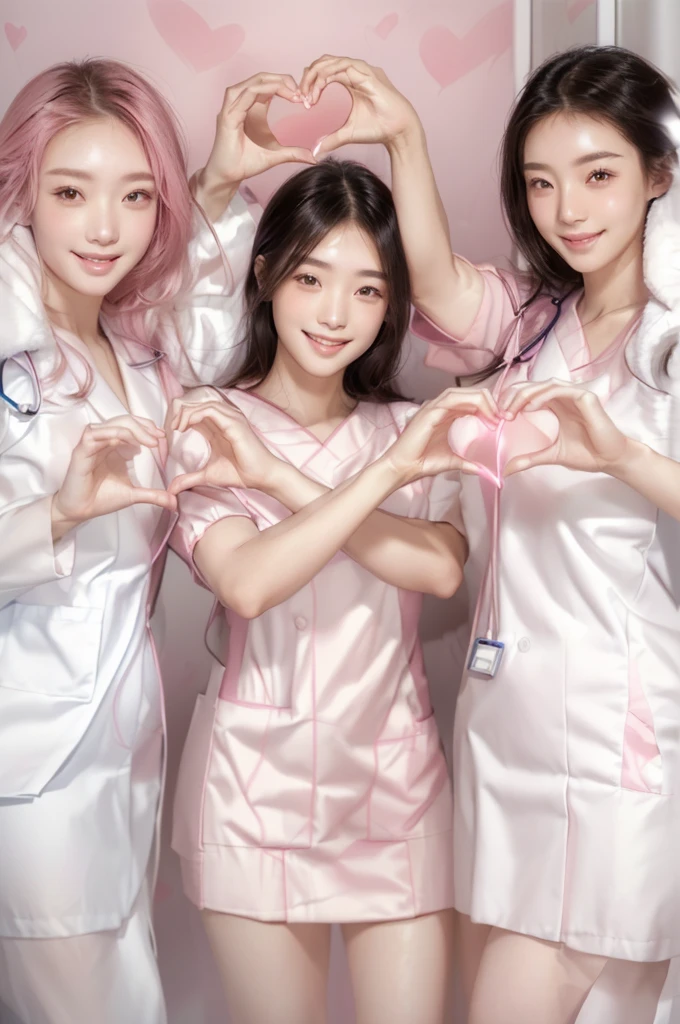 (smiling women with hands making heart shape), 3girls, Beautiful Japanese female doctor wearing white labcoat, cute Japanese female nurse wearing fitted pink nurse dress , beautiful detailed face, Japanese woman, pale skin, realistic skin, detailed cloth texture, detailed hair texture, Perfect proportion, Beautiful Face, accurate, Anatomically correct, Highly detailed face and skin texture , looking at viewer