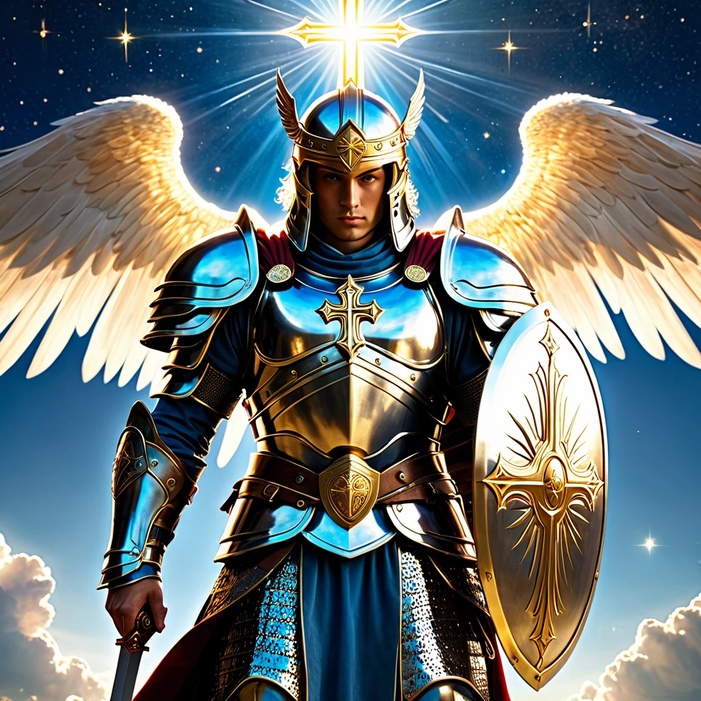 archangel, religious, thinking, Surrealism, Social realism, cinematic lighting, god rays, ray tracing, amazingly colorized, masterpiece, high details, award winning, 8k, highres, best quality, strong body, he's wearing an exceptional one and only armor made of the sky and all the stars, his face is not visible instead is like the midday sun placed in his head, he carries a shield with an engraved cross and a sword that is the combination of all weapons and brighter than any and every light, his two brothers are beside him with a mystic aura