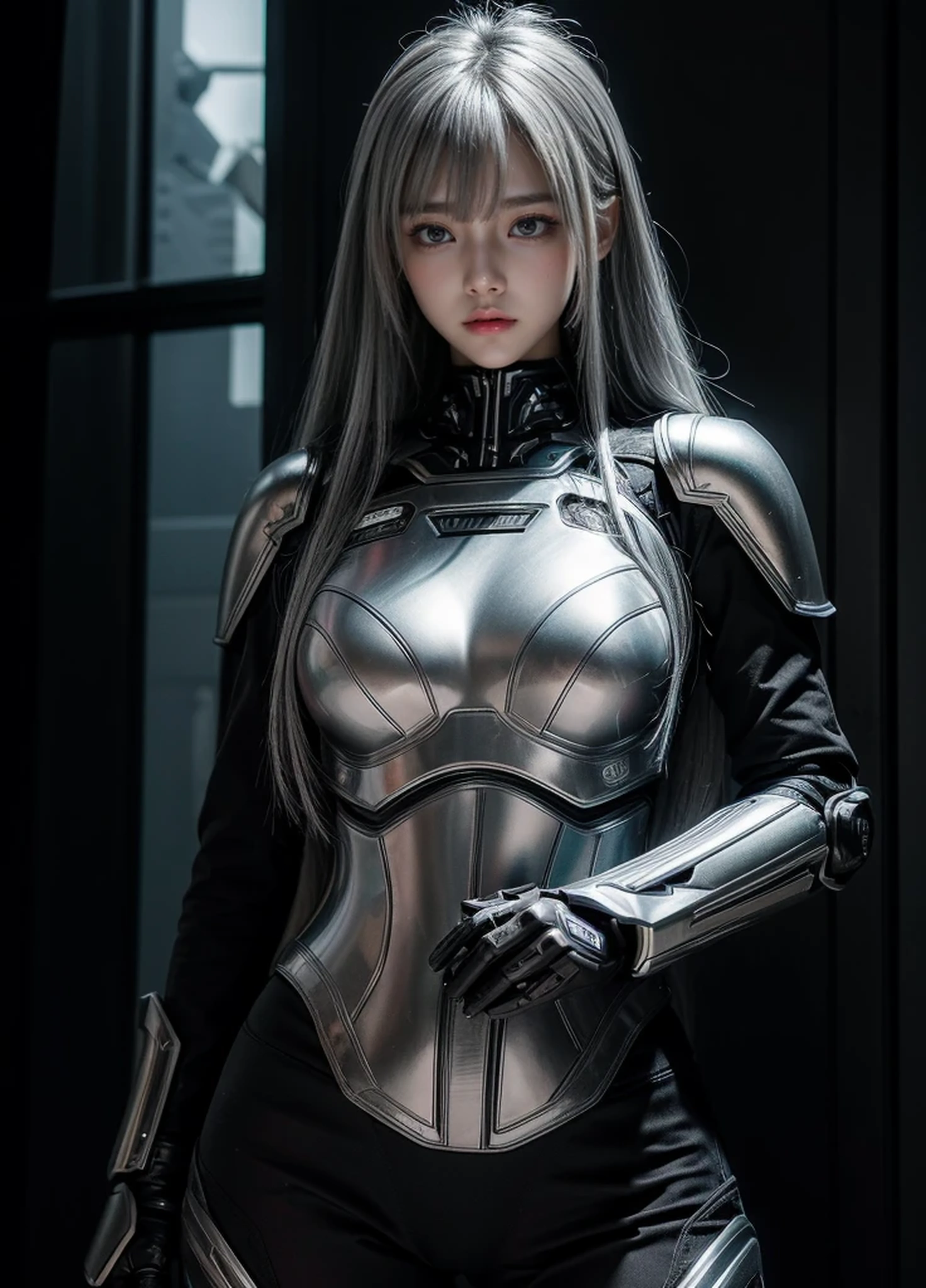 cyber angel,machine wing,{{Sci-Fi Armor}},cyber suit,cyberpunk,science fiction,cyber battle armor,Battledress,Military Uniforms,pants,black military uniform,whole body,Height: 168cm,almond shape eyes,{{{{{silver eyes}}}}},{{{{{dull bangs}}}}},(slanted eyes},{{whole body},{{{1 girl}}}, long hair, straight hair,{{{{silver hair}}}},{{{tsurime}}},30 years old,{Medium chest},{{bush}},silver eyes,{{{masterpiece}}}, {{{highest quality}}}, {{Super detailed}}, {shape}, {{very delicate and beautiful}},very detailed,detailed perfect,detailed hyper,Abundant thighs,big ass,black clothes