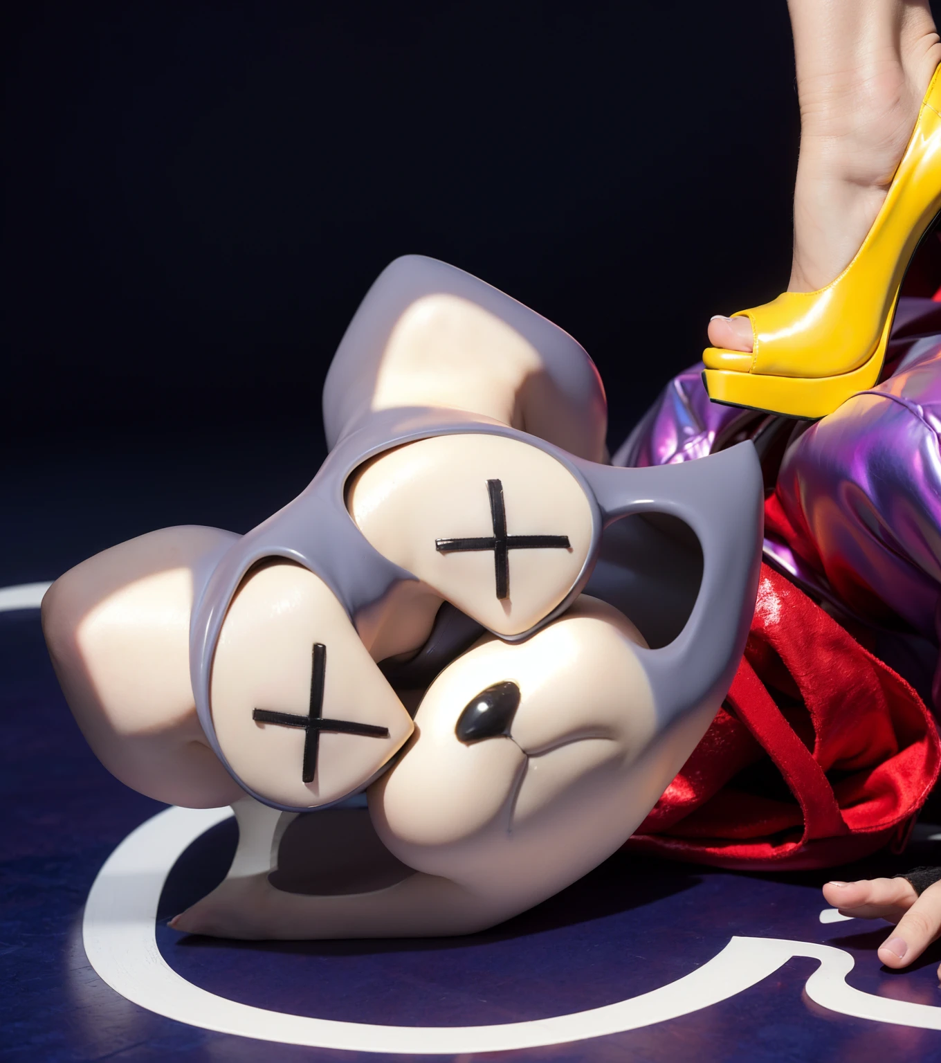 This image features a muscular, dark-skinned young man of African descent dressed in a vibrant raccoon costume. He is lying down with his eyes closed, showcasing his beautiful dark skin. His costume includes a glossy, latex-like purple outfit that appears wet and shimmers with iridescent colors, adding a striking, polished look to his appearance. He also wears a red scarf, a purple beanie hat with gray ears, and black face paint around his eyes and nose to mimic a raccoon mask. Black fingerless gloves complete his costume.Additionally, there is a pair of legs wearing bright yellow high-heeled shoes with white ankle socks. The glossy, latex-like finish of the shoes matches the wet and shimmering quality of the young man's outfit, creating a cohesive and visually appealing contrast. The yellow shoes stand on his back, further highlighting the shiny, iridescent textures and vibrant colors in the image.