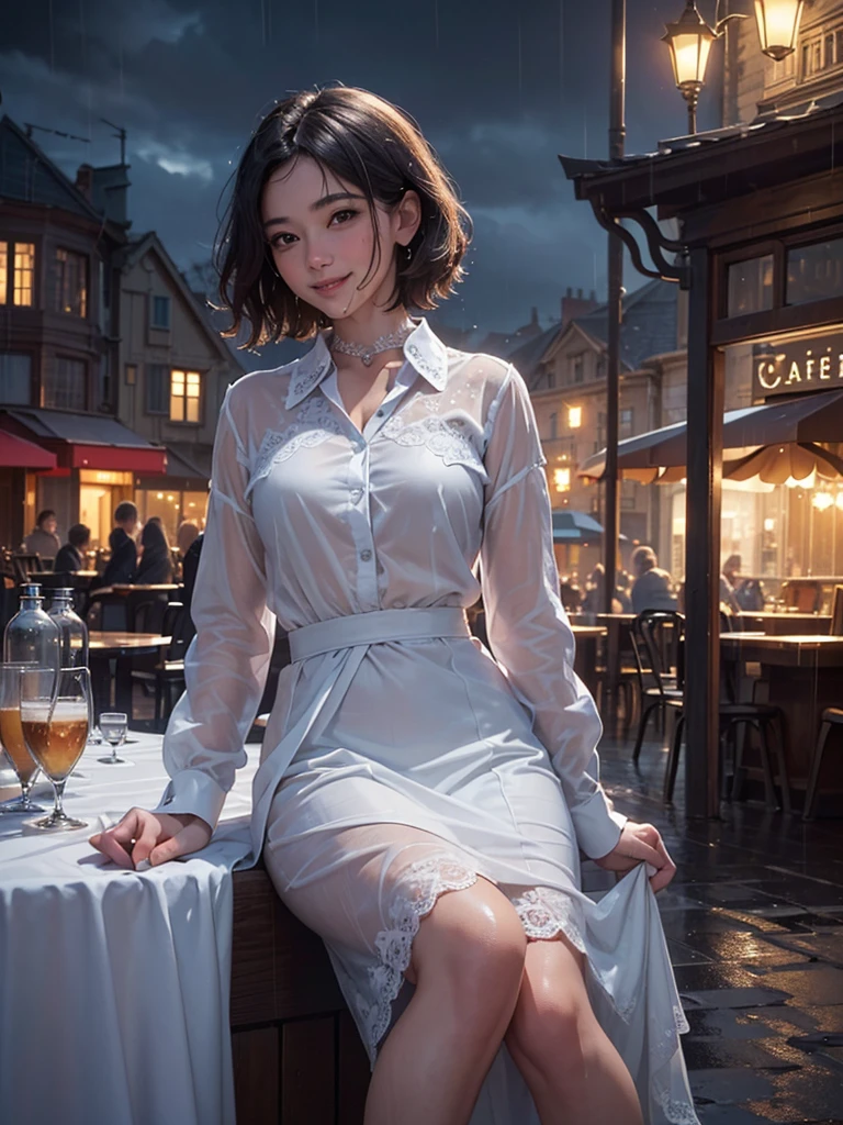 (8K, best quality, Masterpiece: 1.2), (realistic, realistic: 1.37), Awesome details, 1 woman, cute, alone, Beautifully detailed sky, Detailed cafe, nighttime, sit, date, nose blush), (smile: 1.15), (gag) small breasts, beautiful details, (collar shirt: 1.1), nighttime, wet, business suit, rain, white lace, (short hair: 1.2), Floating Hair NovaFrogStyle,