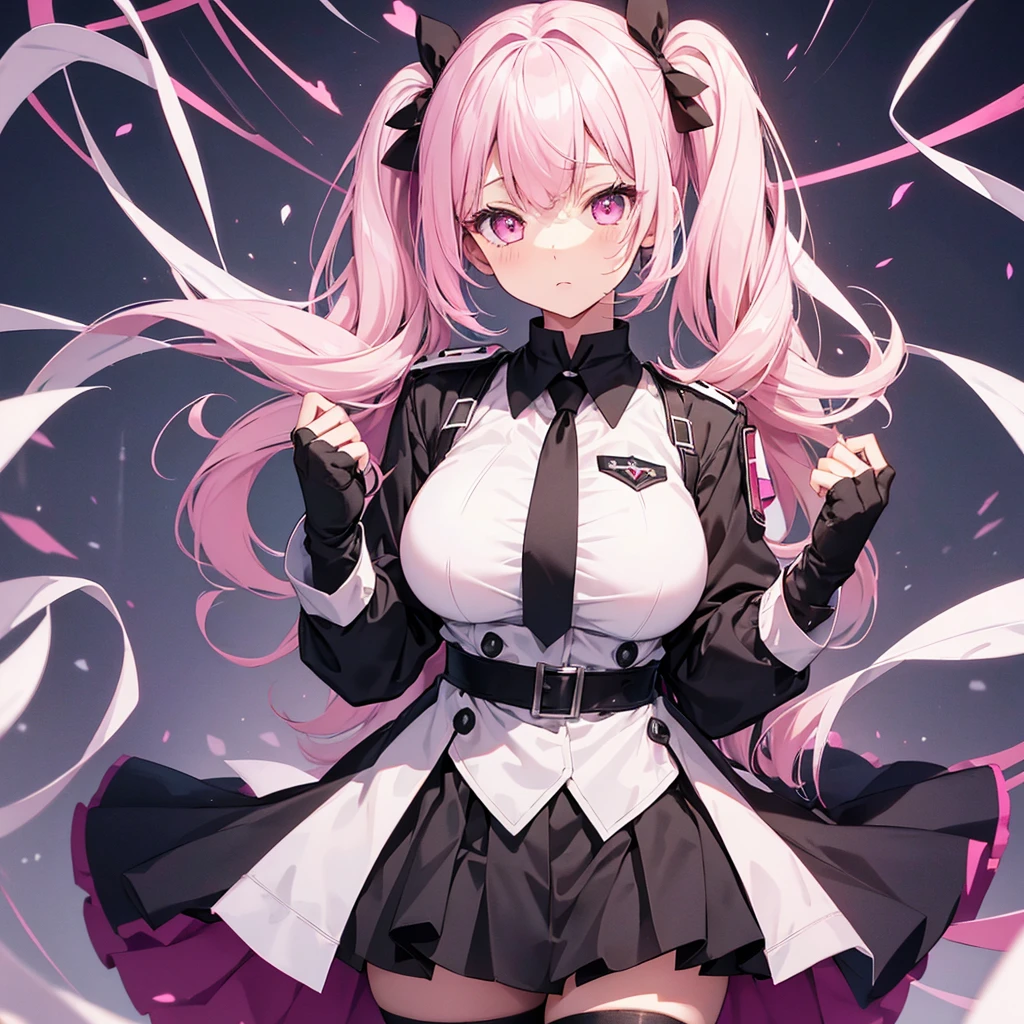 girl,black tights,Pink Hair,height: 160cm,cute,Pink Eyes,Twin tails,Big Breasts,Wear a uniform,Her eyes are white and shining,Look at me from up close,White eyes
