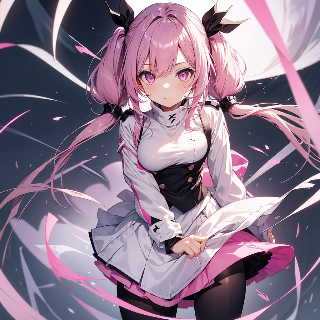 girl,black tights,Pink Hair,height: 160cm,cute,Pink Eyes,Twin tails,Big Breasts,Wear a uniform,Her eyes are white and shining,Look at me from up close,White eyes