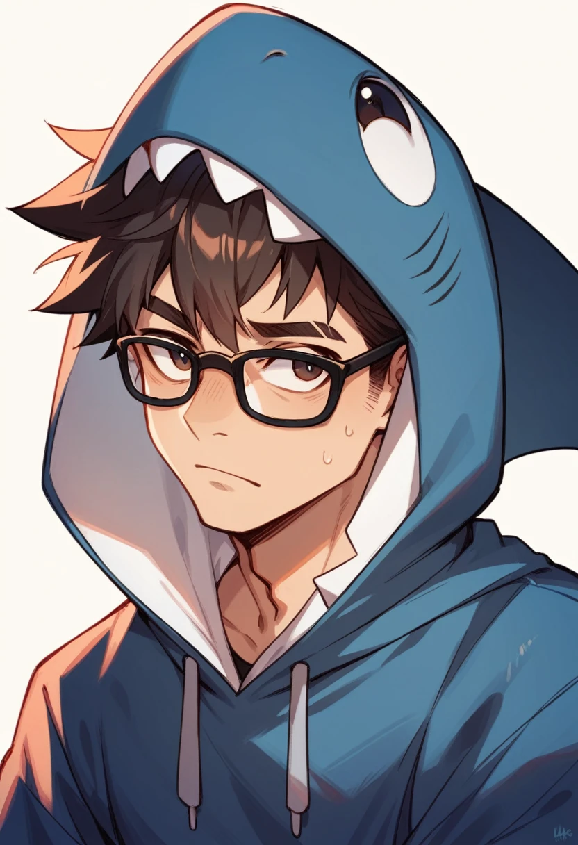 boy,Wear glasses,cool, straight face, shark costume, Wear a shark hoodie.,Toon