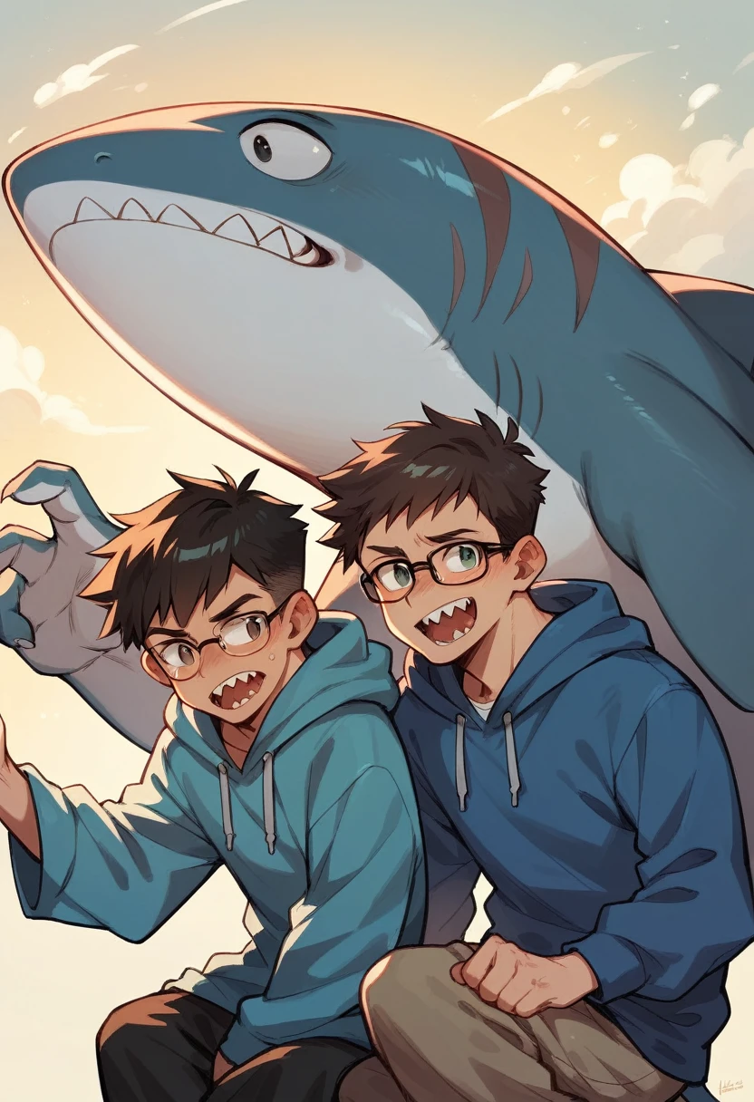 boy,Wear glasses,cool, straight face, shark costume, Wear a shark hoodie.,Toon