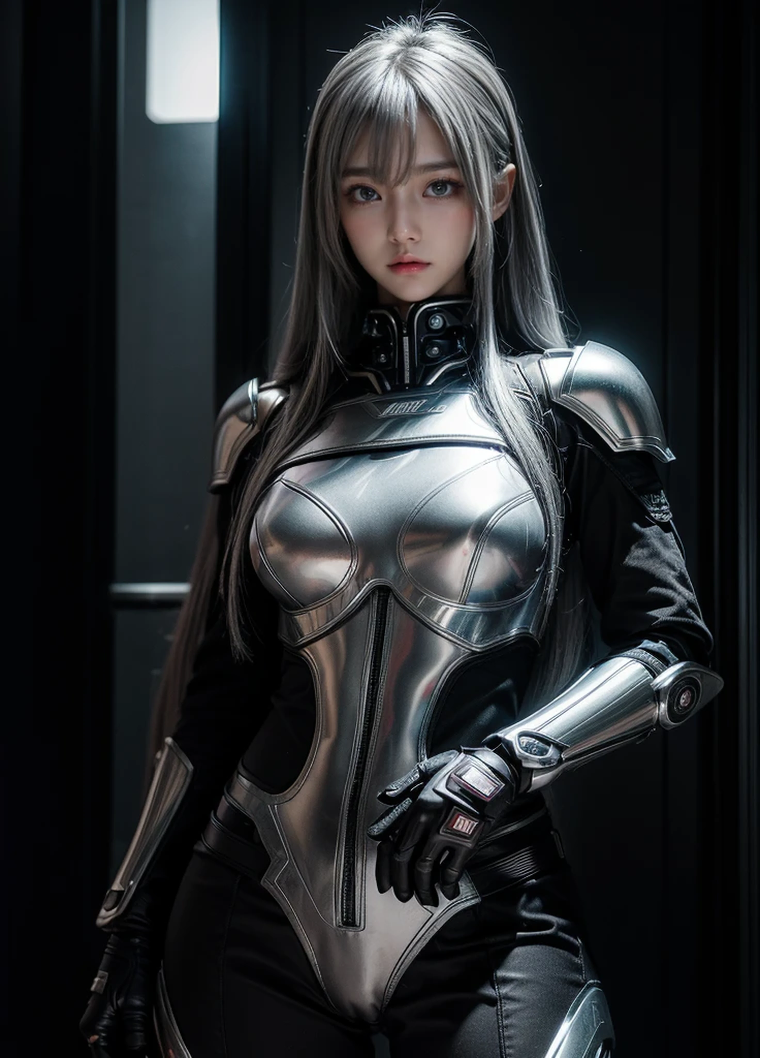 cyber angel,machine wing,{{Sci-Fi Armor}},cyber suit,cyberpunk,science fiction,cyber battle armor,Battledress,Military Uniforms,pants,black military uniform,whole body,Height: 168cm,almond shape eyes,{{{{{silver eyes}}}}},{{{{{dull bangs}}}}},(slanted eyes},{{whole body},{{{1 girl}}}, long hair, straight hair,{{{{silver hair}}}},{{{tsurime}}},30 years old,{Medium chest},{{bush}},silver eyes,{{{masterpiece}}}, {{{highest quality}}}, {{Super detailed}}, {shape}, {{very delicate and beautiful}},very detailed,detailed perfect,detailed hyper,Abundant thighs,big ass,black clothes