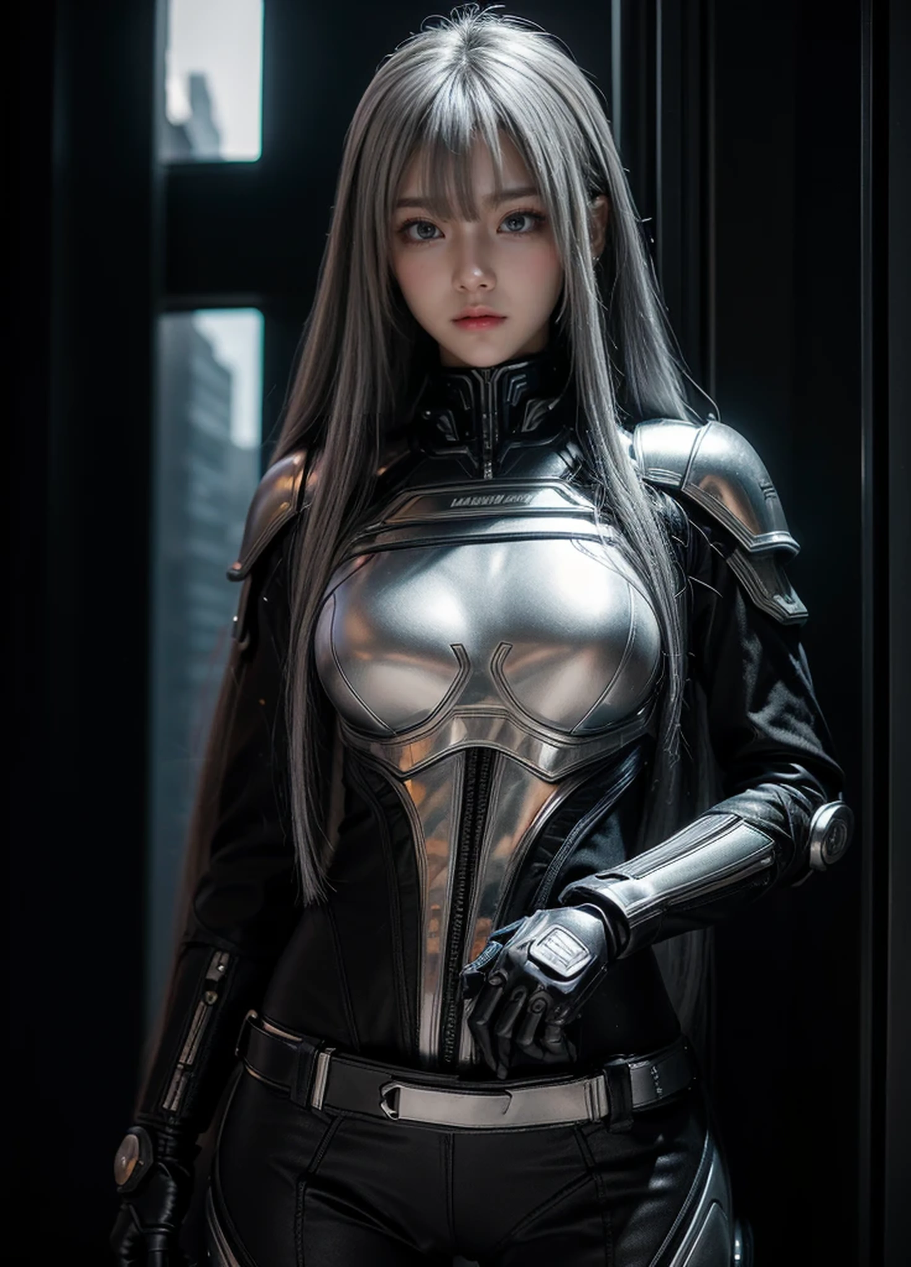 cyber angel,machine wing,{{Sci-Fi Armor}},cyber suit,cyberpunk,science fiction,cyber battle armor,Battledress,Military Uniforms,pants,black military uniform,whole body,Height: 168cm,almond shape eyes,{{{{{silver eyes}}}}},{{{{{dull bangs}}}}},(slanted eyes},{{whole body},{{{1 girl}}}, long hair, straight hair,{{{{silver hair}}}},{{{tsurime}}},30 years old,{Medium chest},{{bush}},silver eyes,{{{masterpiece}}}, {{{highest quality}}}, {{Super detailed}}, {shape}, {{very delicate and beautiful}},very detailed,detailed perfect,detailed hyper,Abundant thighs,big ass,black clothes