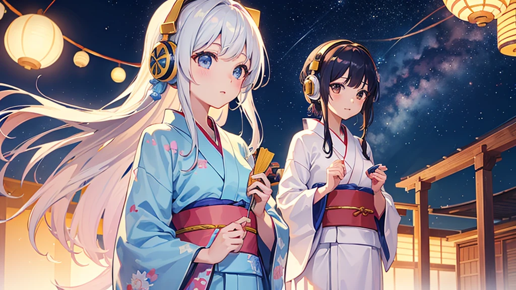 ((Highest quality、High resolution))、(Tanabata)、Gazing at the Milky Way sky、(A woman wearing a yukata)、(20-year-old、cute)、Headphones