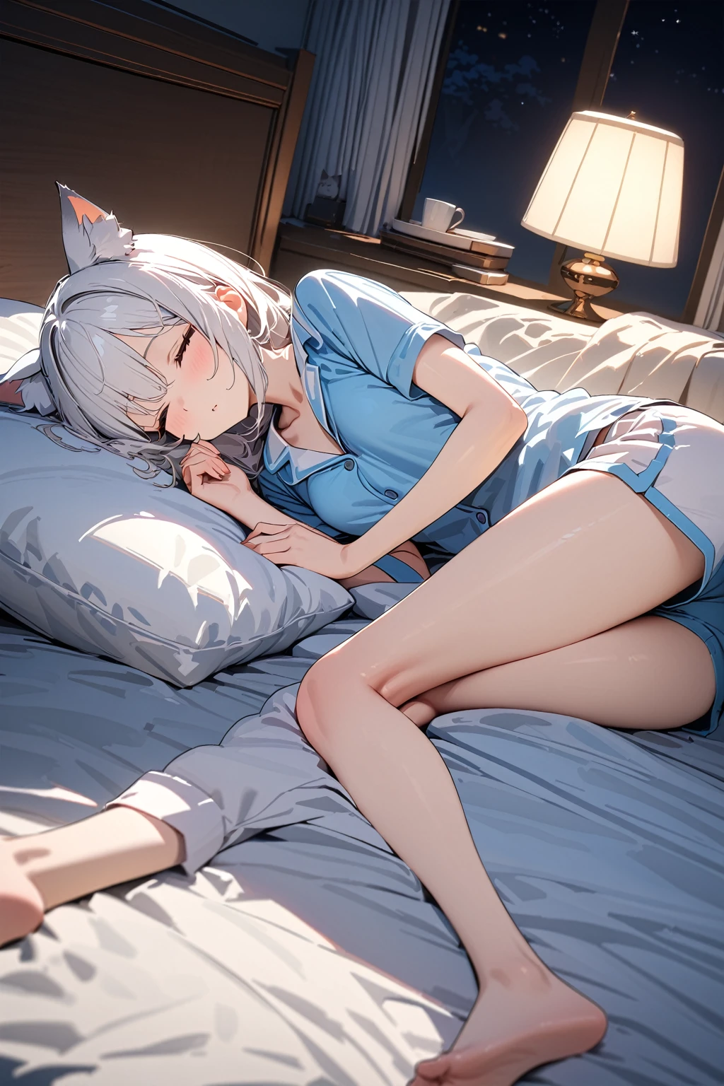 (masterpiece, best quality:1.5), (ultra detailed, high resolution, 8k, beautiful detailed, UHD, best anatomy), white hair, flat breasts, 1 beast ears, barefoot, bedroom, night, Lying on the bed, asleep, Both eyes closed, Pajamas with short sleeves and short pants, Cat girl, head on pillow, sleeping sideways, blanket, side angle