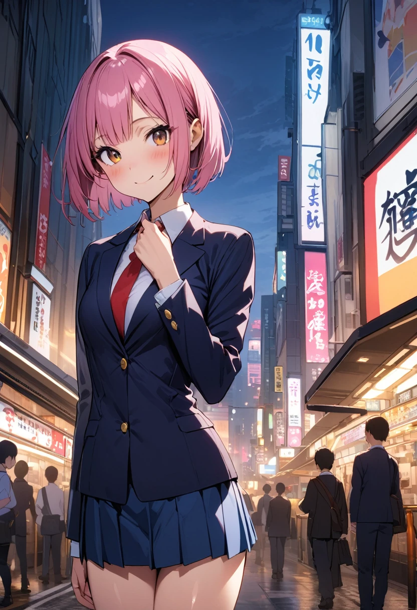((masterpiece,Highest quality:1.3,best quality illustration)),cowboy shot,1woman,16-year-old Japan beauty,((very small head:1.4)),short bob hair,bangs,(pink hair),brown eyes,gorgeous eyes,blush,smile,medium breasts,((very long body)),(School uniform,Navy blue blazer、Red tie、White Shirt、Navy blue pleated mini skirt),(toned body,slender body,skinny),gleaming skin,shiny skin,oily skin,standing,Shibuya Station、Tokyo