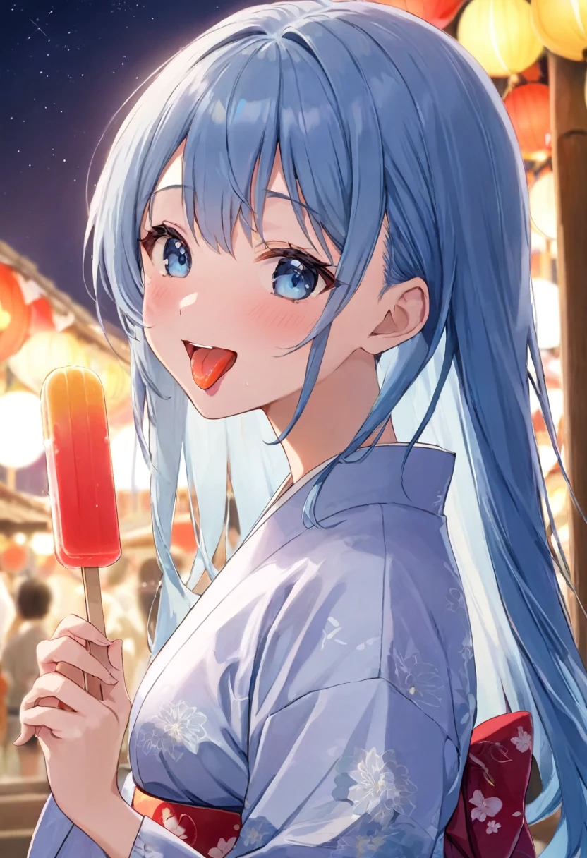 (frontale pov, Stretching out sexy tongue, sexy kiss and Lick:1.2 a popsicle) (solo:2, 15 yo forehead blue hair long hair lovely girl, cute blue eyes, love smile), (in a cute yukata), break, (in the night Japanese festival venue), BREAK, perfect anatomy, masterpiece, best quality, 16k, beautiful detailed hot, daydreaming expression.