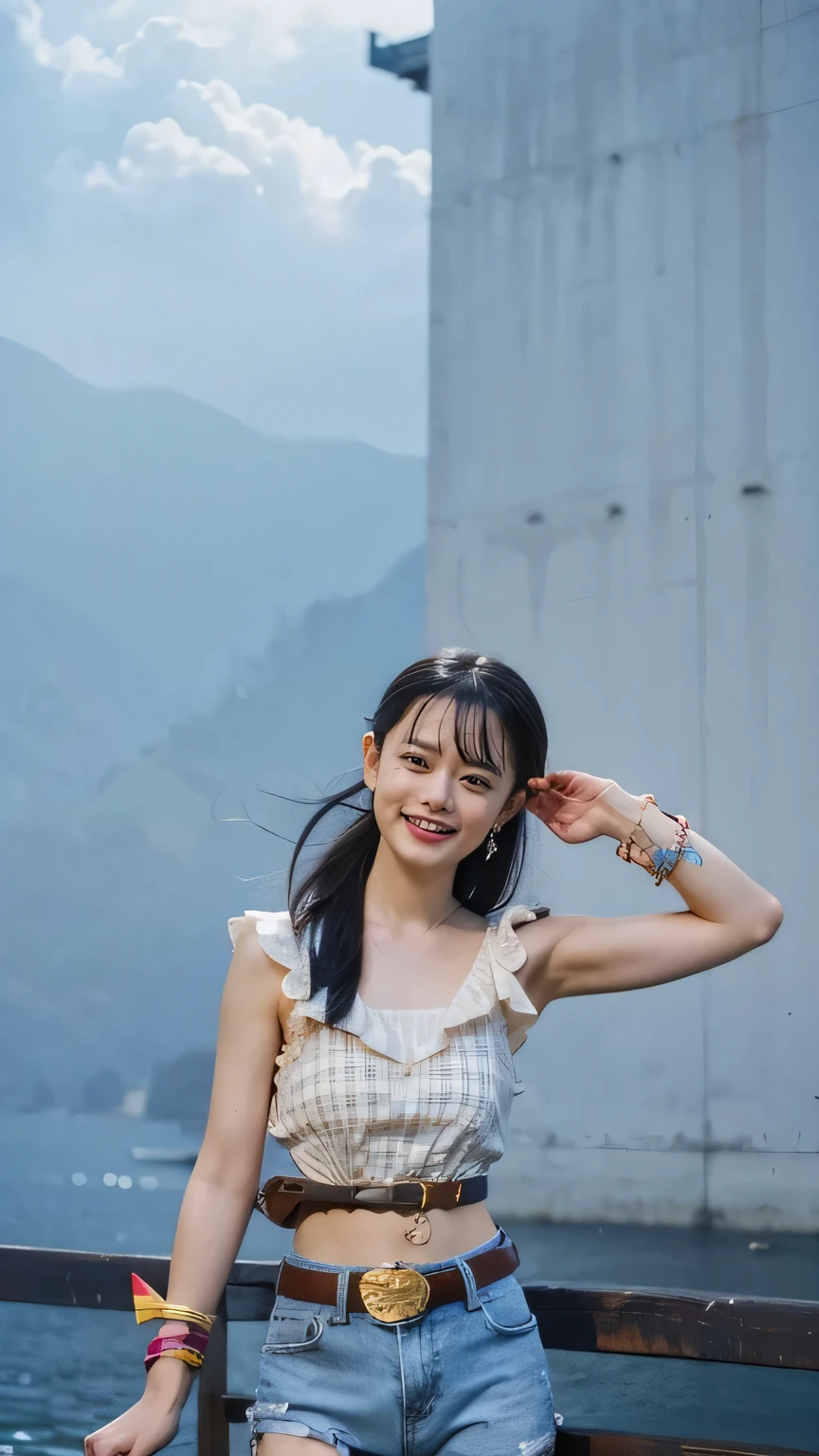 (8k、RAW photo、highest quality、masterpiece: 1.2)、(Realistic、Realistic)、1 girl、(( year、Black and Pink、Thin legs、whole body、Boat shoes、Clothes with ribbons、 From the shoulder、See through、frills、Park、smile、View from the front、looking at the camera、belt、Stand with hands on hips))、
