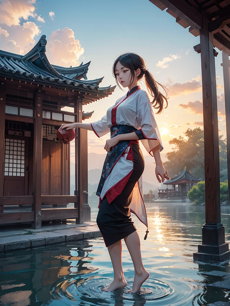 NRF, 1 girl, Focus only, throw, The picture is very wide., terrain, east asian architecture, sunlight, sunrise, floating, cloud, sky, rain, water, full body, outdoor, view, depth of field