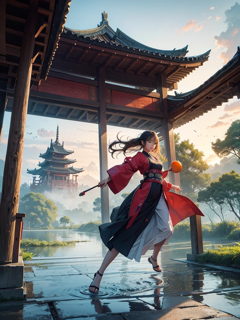 NRF, 1 girl, Focus only, throw, The picture is very wide., terrain, east asian architecture, sunlight, sunrise, floating, cloud, sky, rain, water, full body, outdoor, view, depth of field