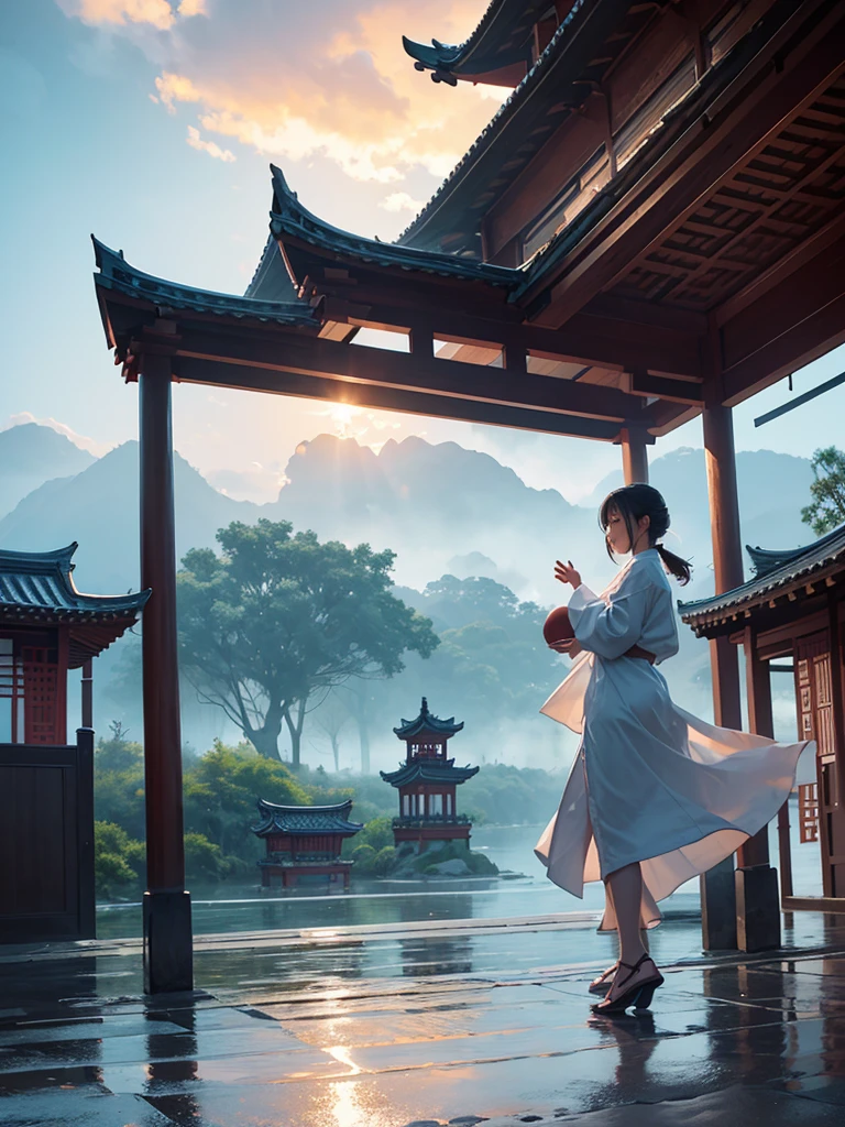 NRF, 1 girl, Focus only, throw, The picture is very wide., terrain, east asian architecture, sunlight, sunrise, floating, cloud, sky, rain, water, full body, outdoor, view, depth of field