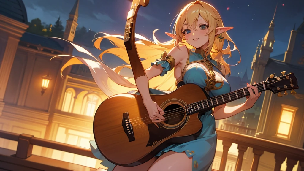 Anime Style,night,Detailed background,Magical World,A lively balcony with many people,Smiling bard beautiful elf girl,guitar,Large Breasts,Healthy thighs,Underarm,Barefoot