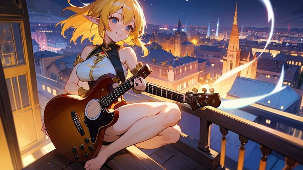 Anime Style,night,Detailed background,Magical World,A lively balcony with many people,Smiling bard beautiful elf girl,guitar,Large Breasts,Healthy thighs,Underarm,Barefoot