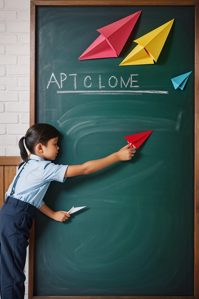 School chalkboard with paper airplanes flying