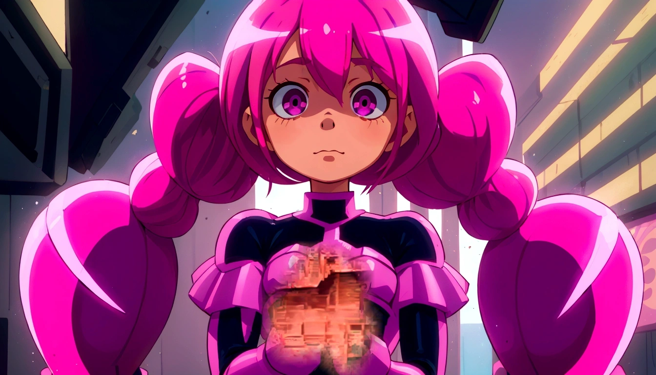anime girl with pink hair and big pink gloves standing in a room, portrait anime space cadet girl, anime manga robot!! anime girl, anime girl of the future, streamlined pink armor, pink iconic character, anime girl, slick pink armor, anime, humanoid pink female squid girl