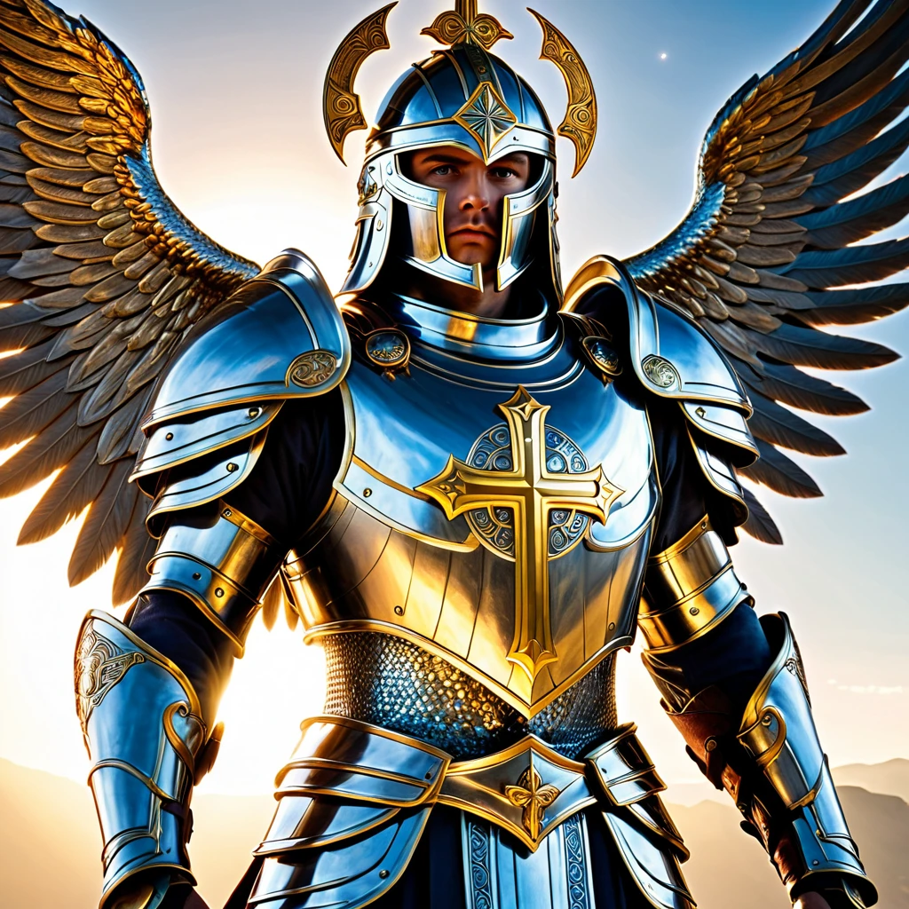 archangel, religious, thinking, Surrealism, Social realism, cinematic lighting, god rays, ray tracing, amazingly colorized, masterpiece, high details, award winning, 8k, highres, best quality, strong body, he's wearing an exceptional one and only armor made of the sky and all the stars, his face is not visible instead is like the midday sun placed in his head, he carries a shield with an engraved cross and a sword that is the combination of all weapons and brighter than any and every light, his two brothers are beside him with a mystic aura