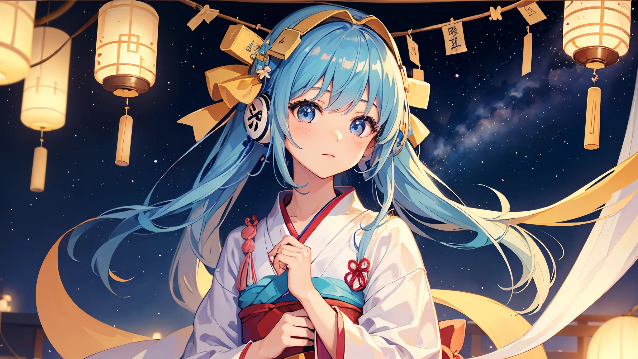 ((Highest quality、High resolution))、(Tanabata)、Gazing at the Milky Way sky、(A woman wearing a yukata)、(20-year-old、cute)、Headphones