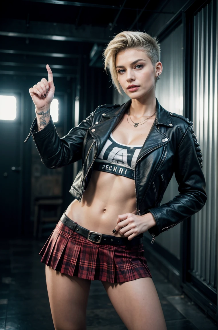 Photorealistic:1.2, rocker girl in a short plaid skirt and leather jacket buttoned up , portrait, highly Photorealistic photograph, full body shot, Electric guitar in hands in the form of a machine gun, sharp clothes, dark lipstick, spiky blond and partially shaved hair, Beautiful and perfect legs, confident expression, punk style ,spectacular pose, dynamic lighting, bright colors, ARI ALEXA 65, Lens 50mm